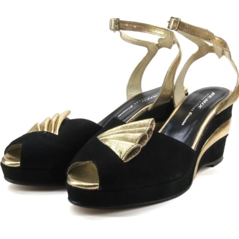 Re-Mix Classic Vintage Footwear Black Suede and Gold Wedge Fanfare Heels